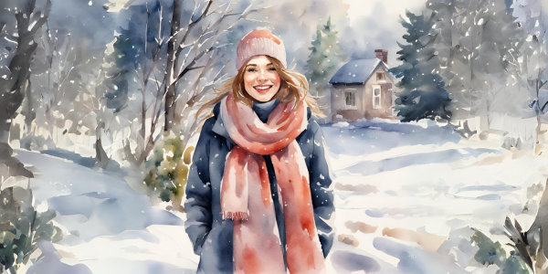 hangulatjavító tippek téli depresszió ellen, mosolygó nő téli táj előtt